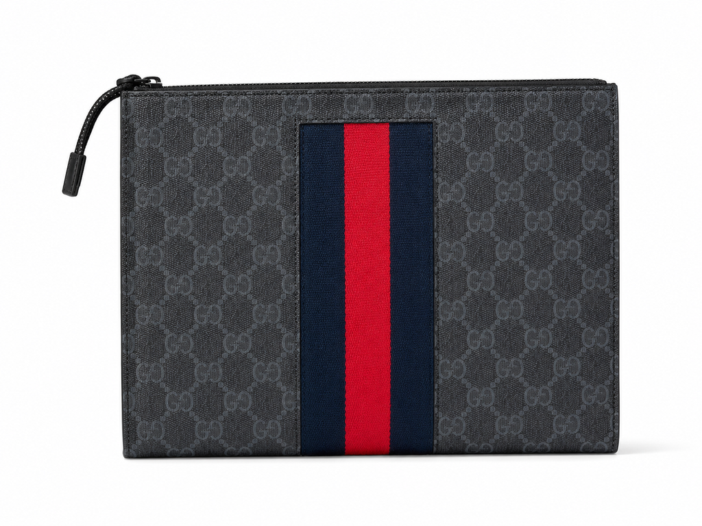 Gucci GG Supreme Web Stripe Zip Pouch Clutch – Black Grey