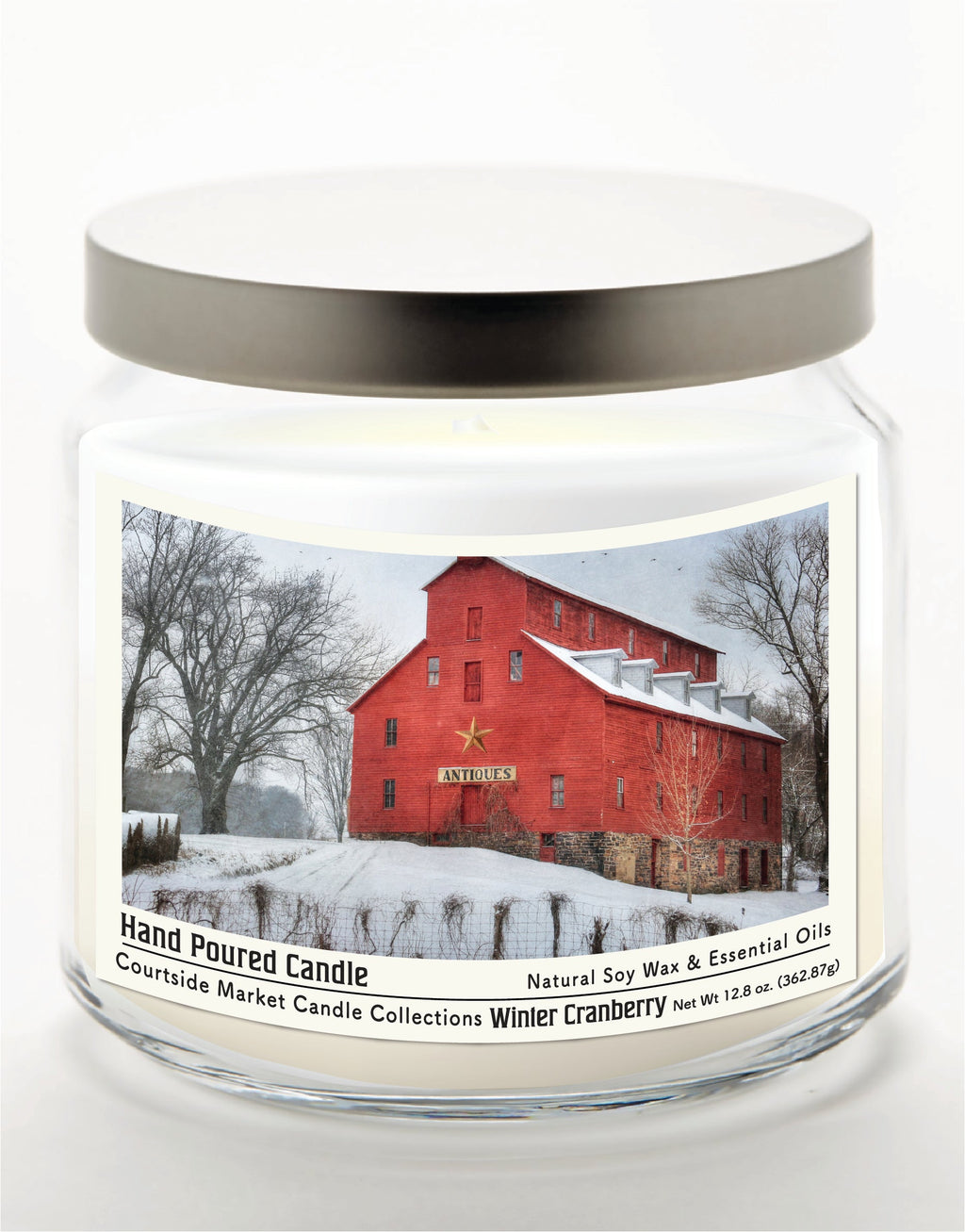 Snow at the Farm 12.8 Oz Candle Glass Jar with Brushed Silver Metal Lid