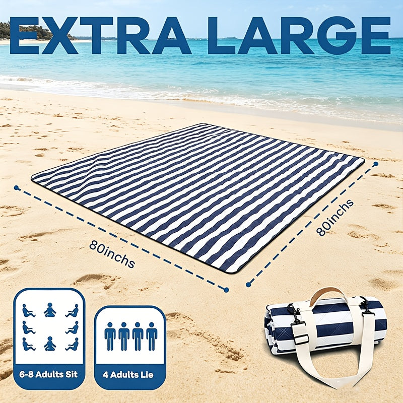 Picnic Blanket, Large 80 x 80-Inch Foldable Outdoor Mat with Carry Straps in Plaid, Floral or Stripe Patterns