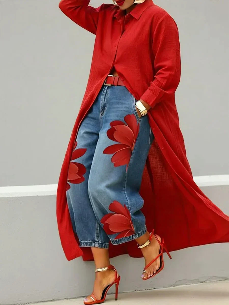 Mallory | Stilvolles Hemdblusenkleid und florales Jeans-Set