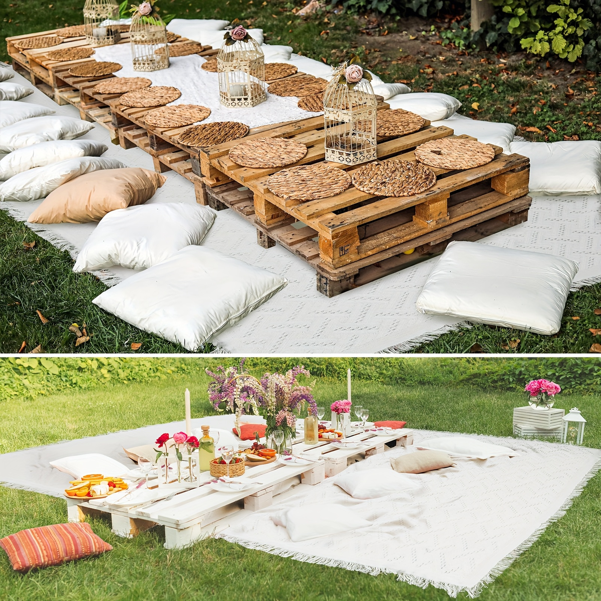 Picnic Blanket, Large 91 x 71-Inch White Woven Cotton Throw with Geometric Texture and Fringed Edges