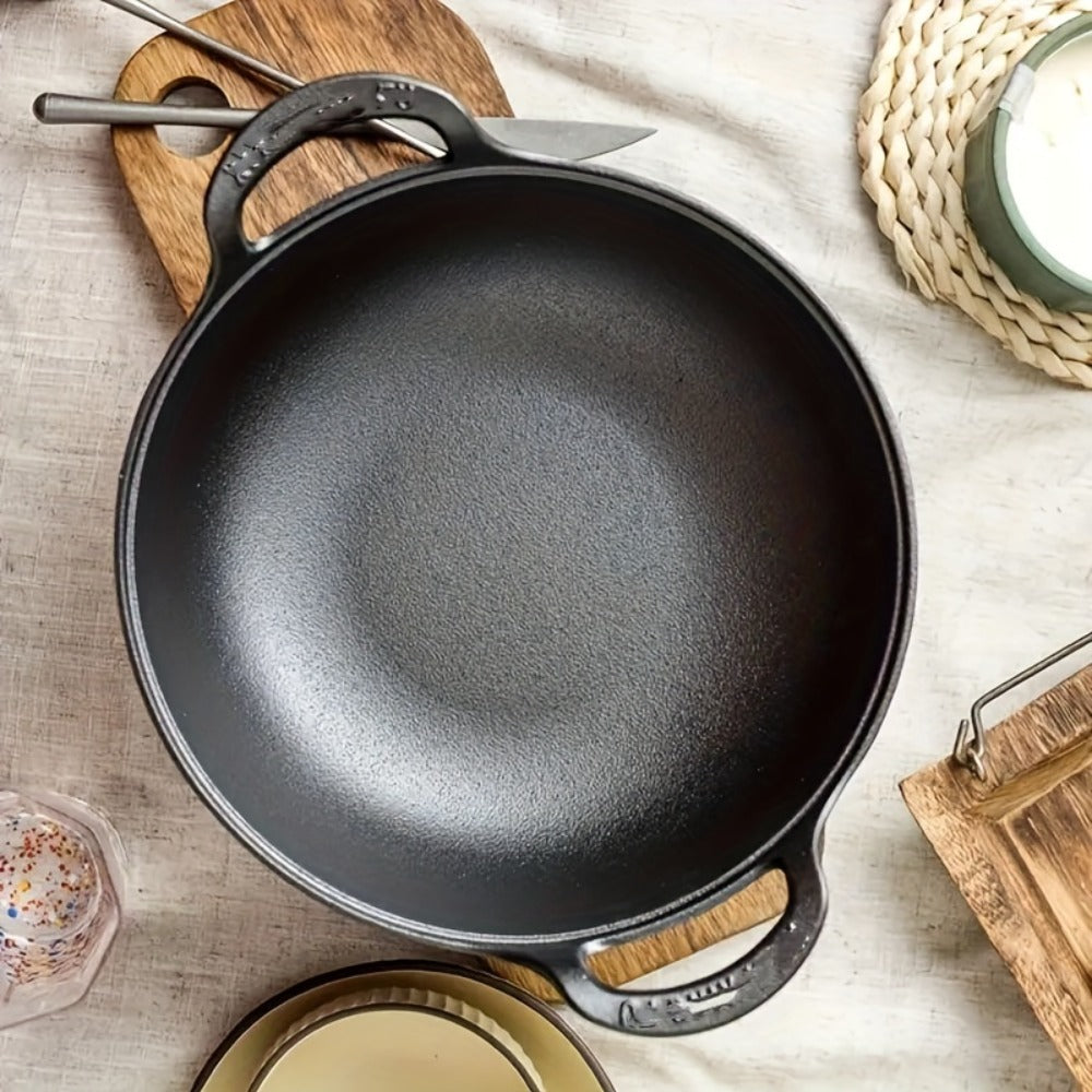 Cast Iron Wok Skillet Non-Stick Deep Stir Fry Pan with Dual Handles - Uncoated Traditional for Home Cooking, Dining and Outdoor Meals