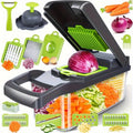 16-in-1 Vegetable Chopper with Clear Container, Eight Blade Inserts, Cleaning Button and Green Accessory Set
