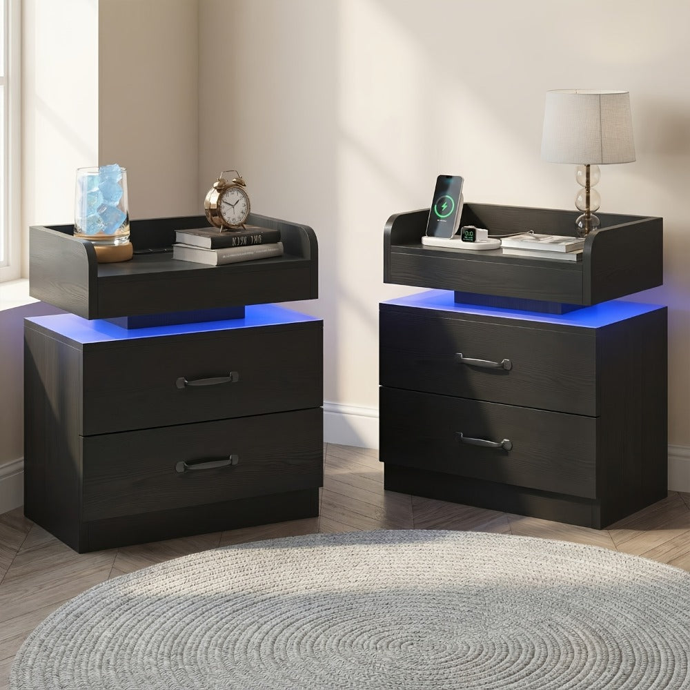 Bedside Table in Black or White in a Tray-Top Two-Drawer Charging Station Nightstand Design with LED Light
