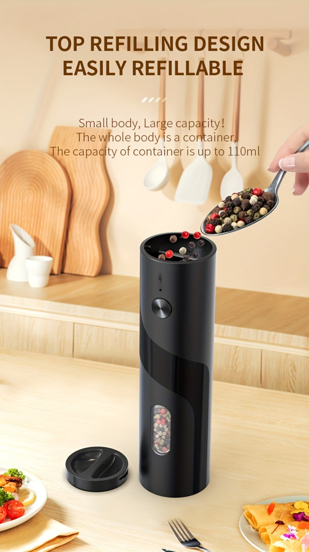 Electric Salt and Pepper Grinder Set with LED Light & Gravity Sensor, USB Rechargeable, Top-Fill