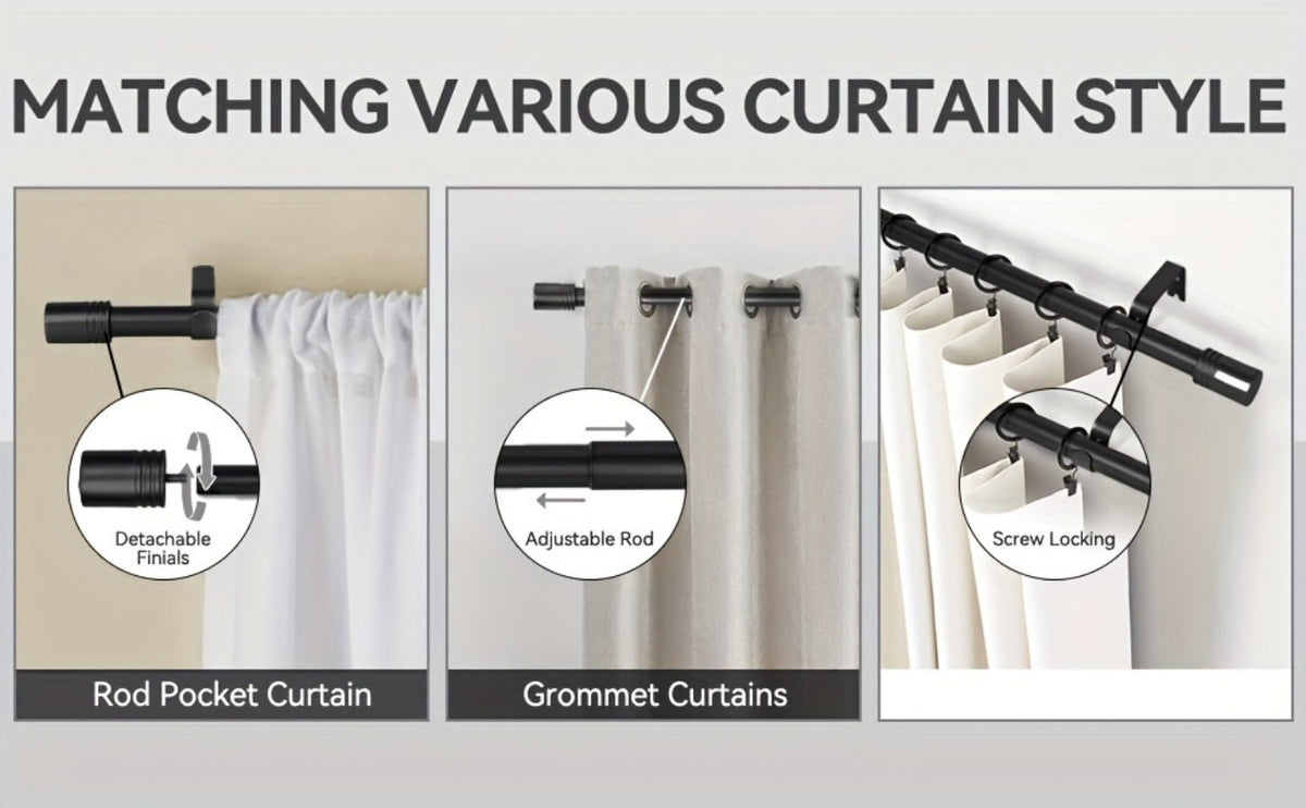 Curtain Rod, One-Inch Adjustable Rounded Cup Finials in Black, Brushed Nickel or Gold Finish, One-Inch Adjustable