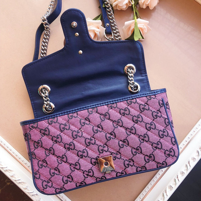 Gucci GG Marmont Small Shoulder Bag – Quilted GG Canvas Pink Purple & Green Navy
