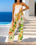 Tropischer Damen-Jumpsuit mit Blumenmuster, sexy trägerloser Schlauch-Overall, hochtaillierter Fake-Zweiteiler mit abnehmbaren transparenten Trägern