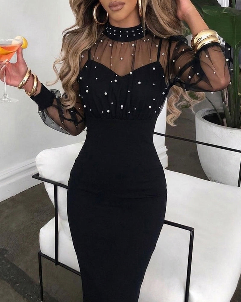 Mock Neck Sheer Mesh Spliced Beaded Bodycon Dress Zipper Back Slit Party Dress