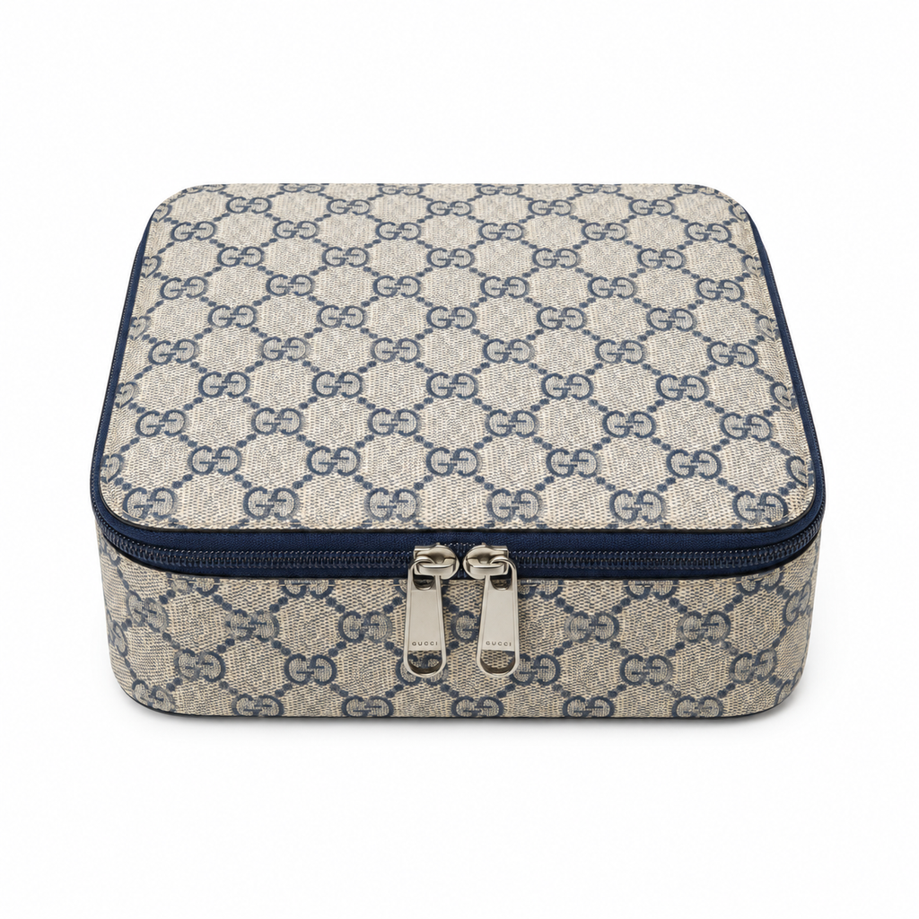Gucci GG Supreme Jewellery Travel Case – Navy Blue Trim Double Zip