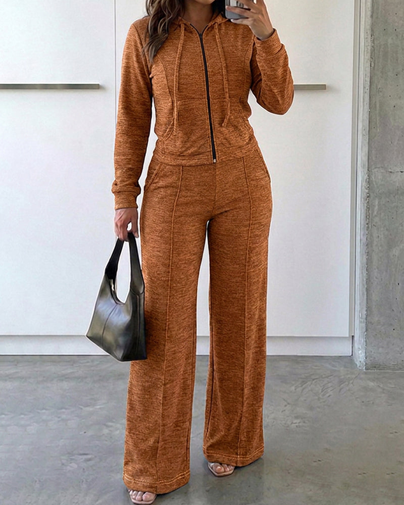 2 Pieces Outfit Long Sleeve Zip Up Drawstring Hoodie Coat and Casual Elastic Waist Seam Front Straight Leg Pants Set
