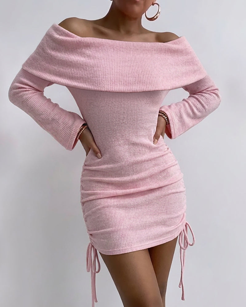 Women's Foldover Off Shoulder Long Sleeve Ruched Mini Dress Drawstring Bodycon Dress