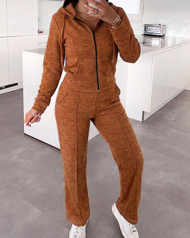 2 Pieces Outfit Long Sleeve Zip Up Drawstring Hoodie Coat and Casual Elastic Waist Seam Front Straight Leg Pants Set