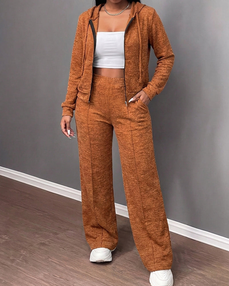 2 Pieces Outfit Long Sleeve Zip Up Drawstring Hoodie Coat and Casual Elastic Waist Seam Front Straight Leg Pants Set