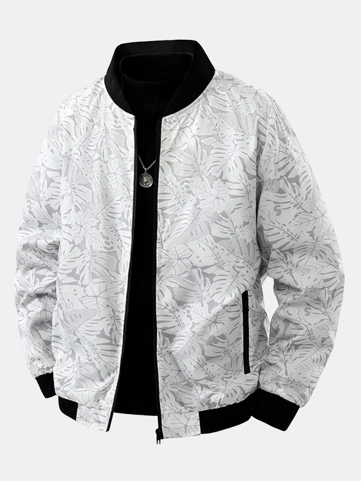 Leaf Print  Zip-Up Bomber Jacket