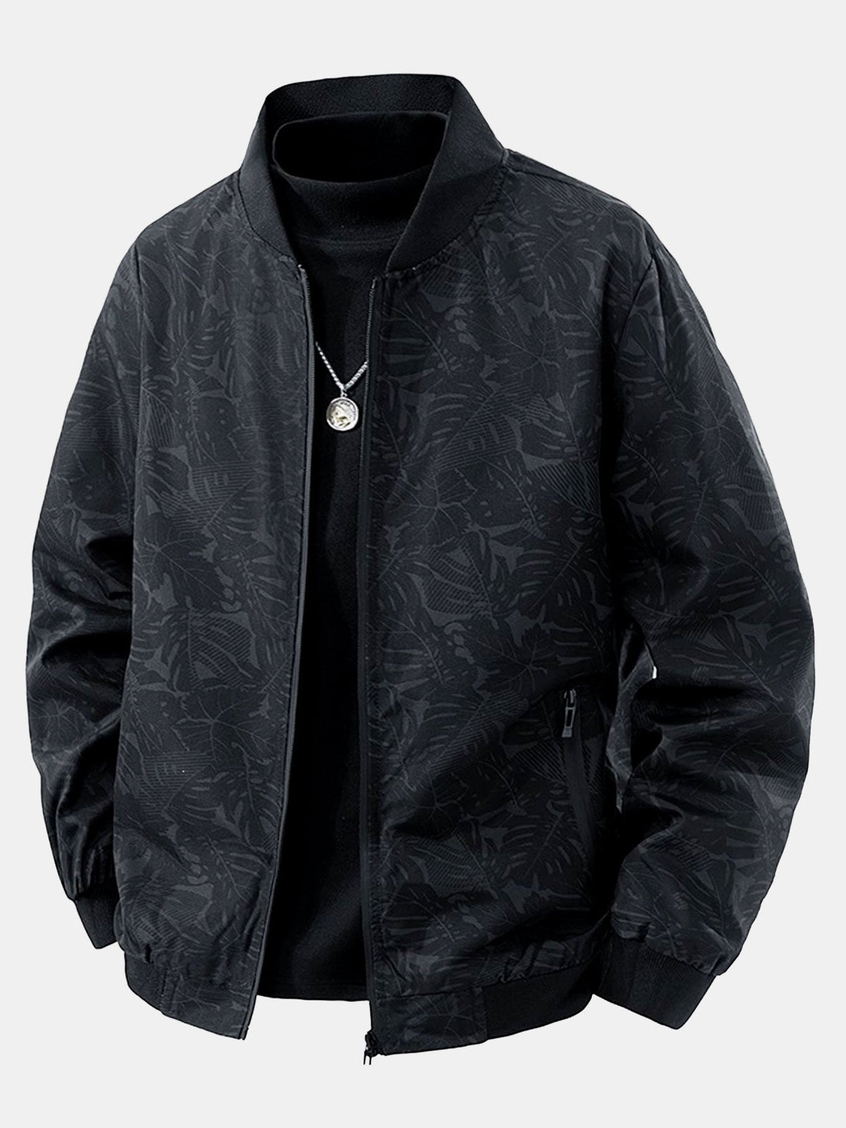 Leaf Print  Zip-Up Bomber Jacket