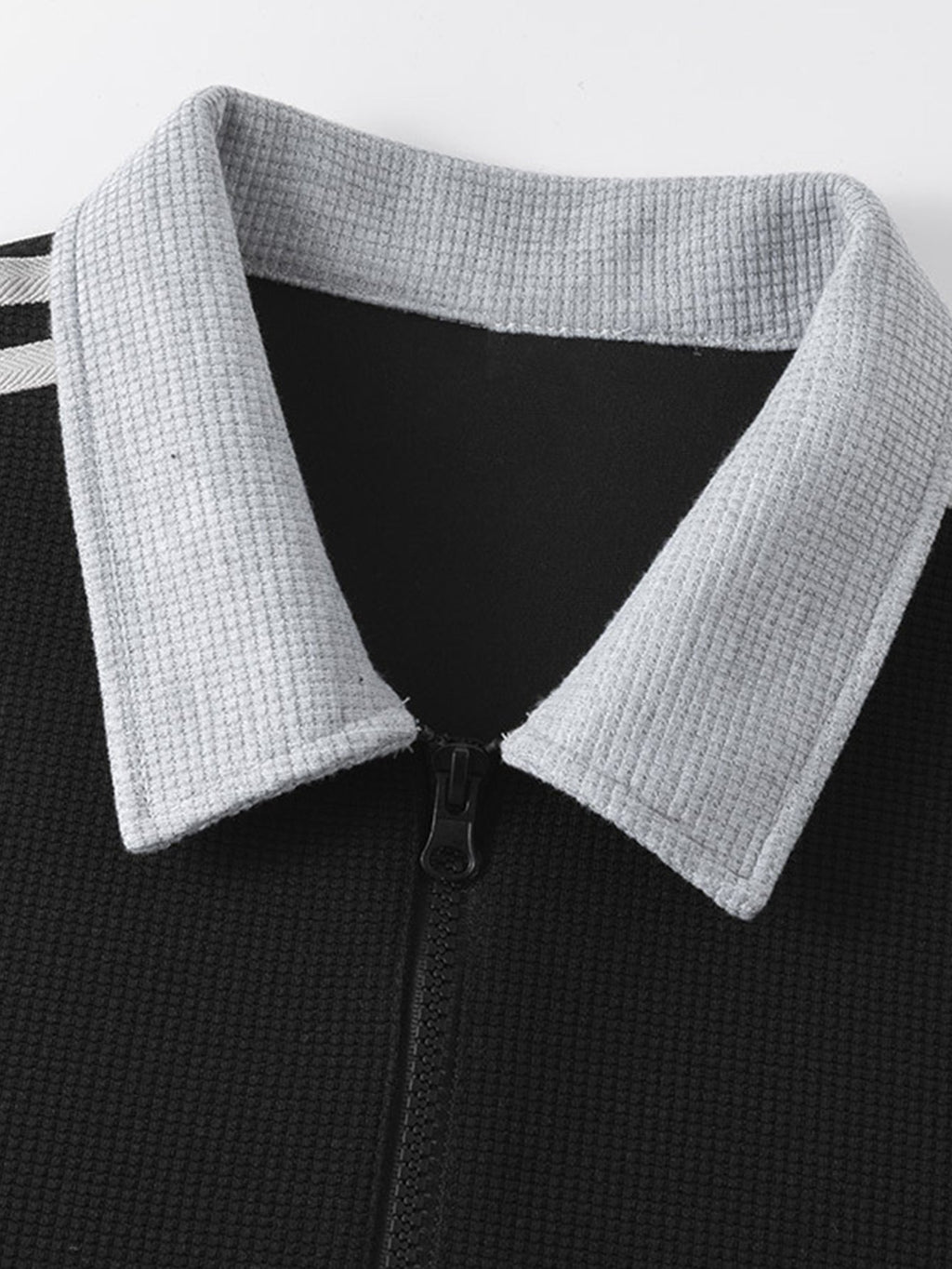 Stripe Waffle Zipper Polo Neck Sweatshirt