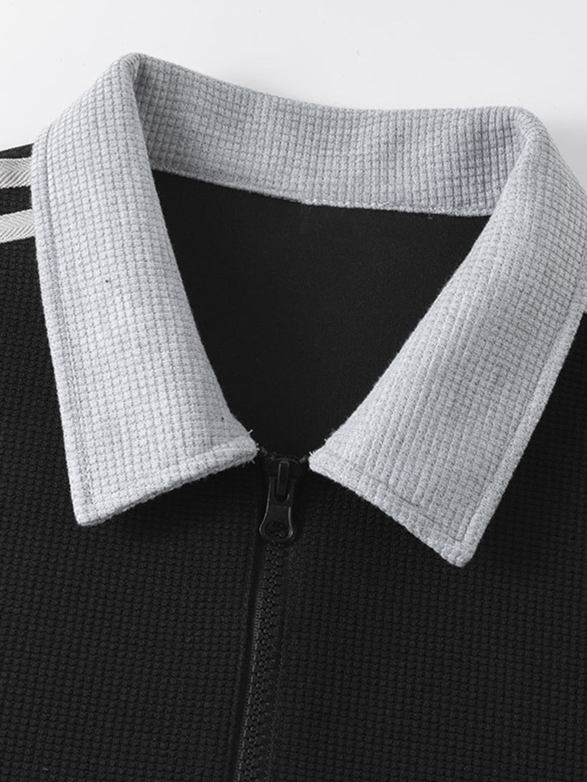 Stripe Waffle Zipper Polo Neck Sweatshirt