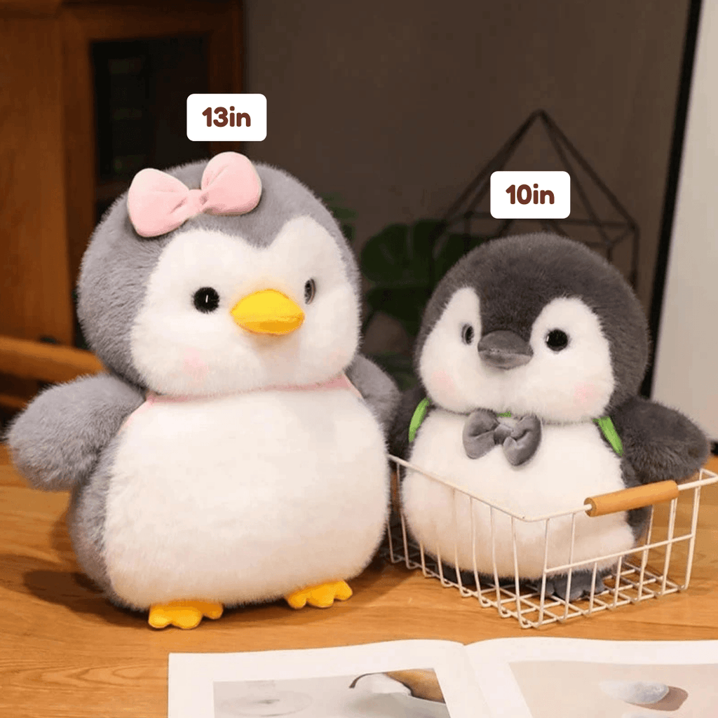 Fluffy Gray Penguin Plushie with Turtle Backpack