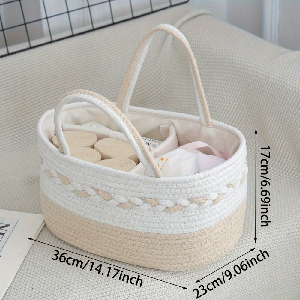 Boho Rope Storage Basket Woven Foldable Organizer 14" Large Capacity - Removable Lining Striped Shelf Basket with Handle for Home Bedroom Living Room Laundry Decor