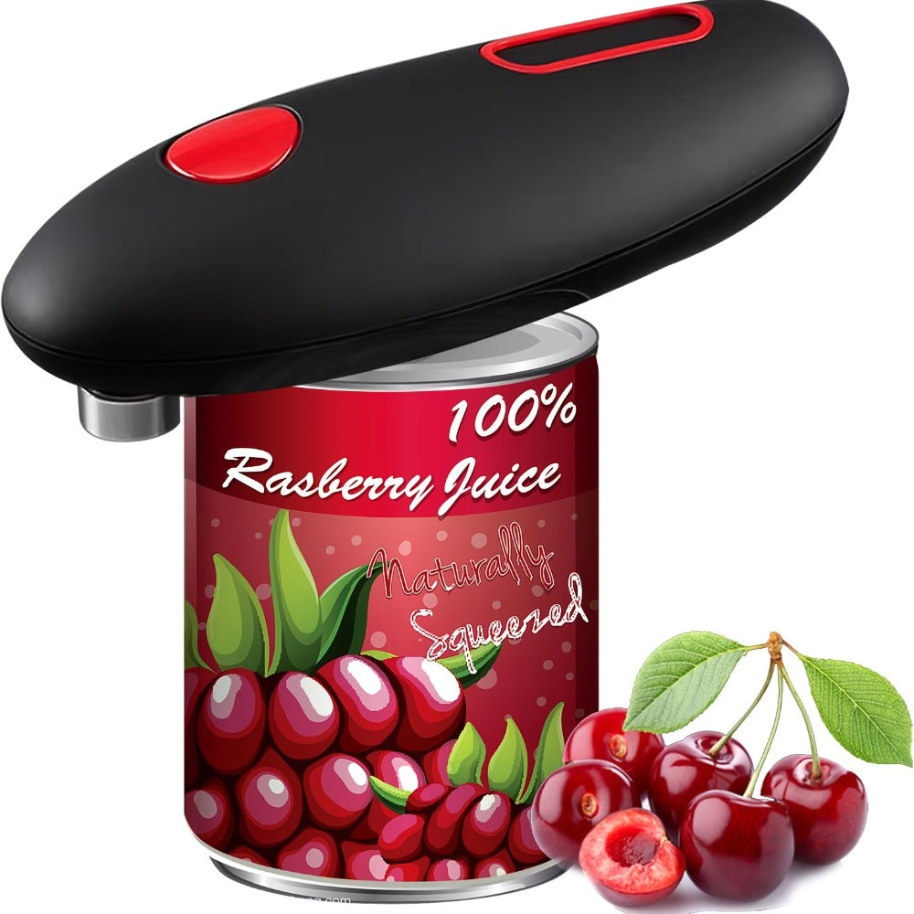 Elongated Cordless Can Opener with Raised One-Click Button in Red or Black Battery-Powered Models