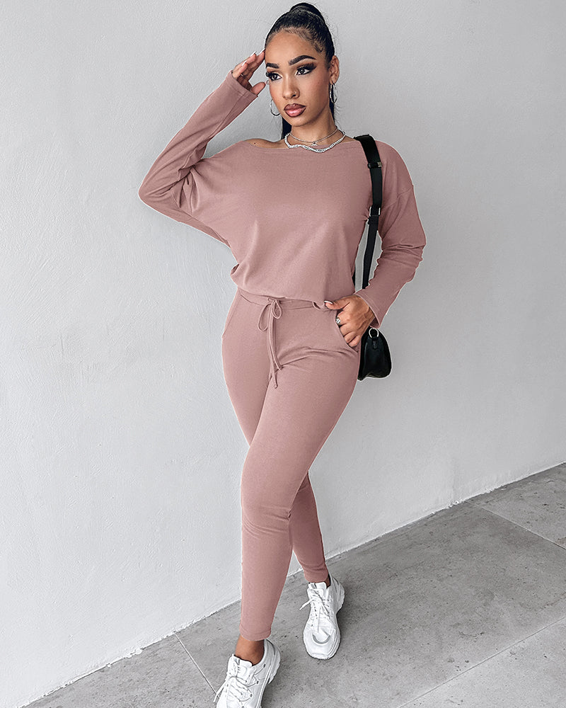 2 Pieces Outfit Long Sleeve Skew Neck Pullover Top and Drawstring Elastic Waist Slim Fit Pants Set