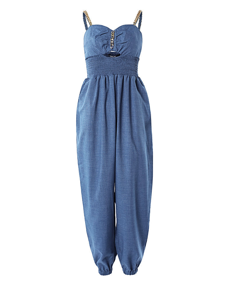 Women's Chain Strap Jumpsuit Hollow Out Shirred Waist Overalls Casual Jogger Jumpsuit with Pockets