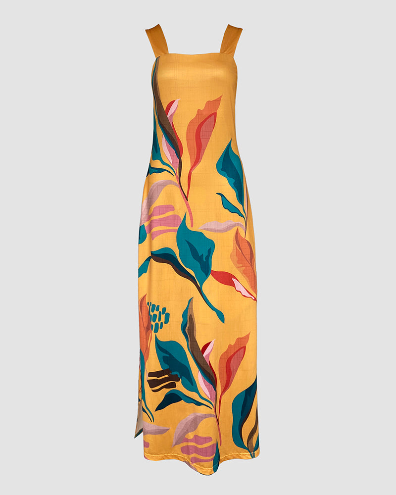 Maxikleid mit Pflanzenmuster, eckigem Ausschnitt, breiten Trägern, Seitenschlitz und Taschen, lässiges Urlaubskleid
