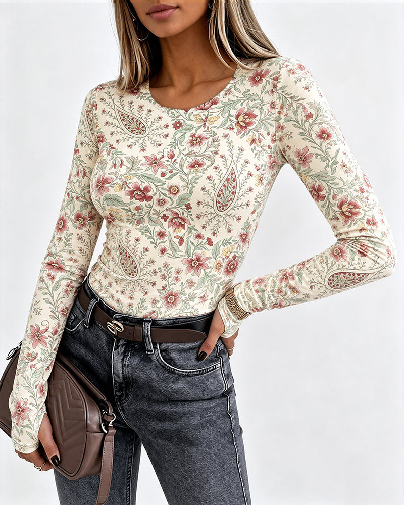 Women's Vintage Floral Print Long Sleeve Top Slim Fit Tee with Thumb Holes