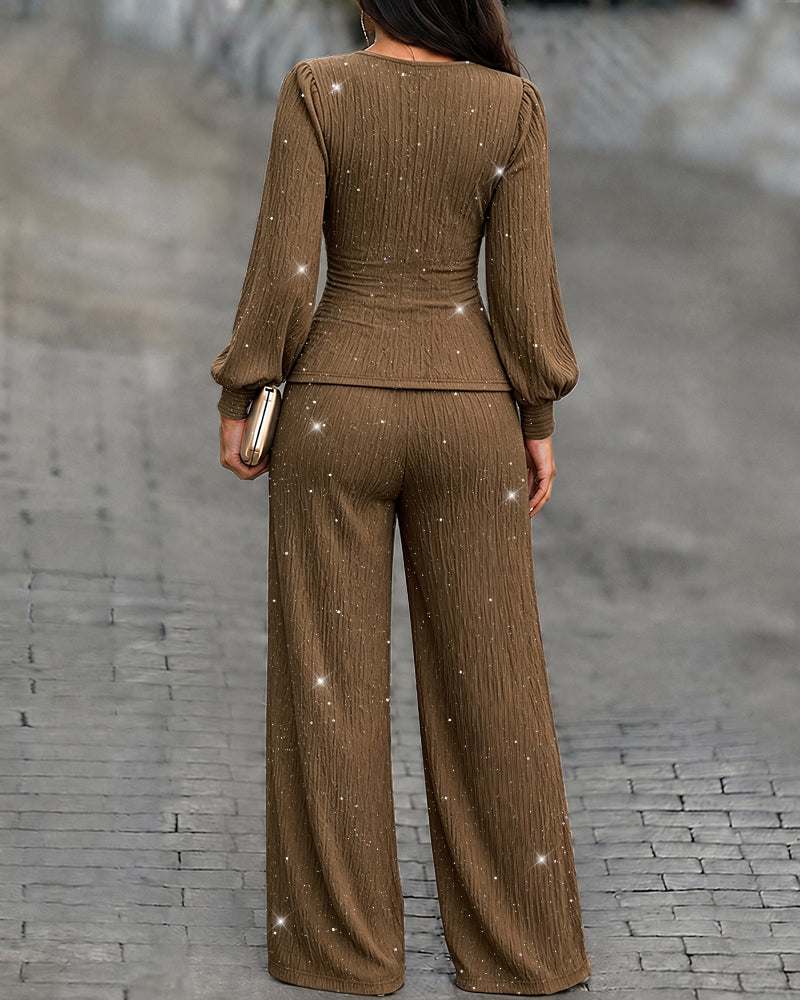 Women's 2 Piece Glitter Set Deep V Neck Lantern Sleeve Ruched Top and Wide Leg Pants with Pockets