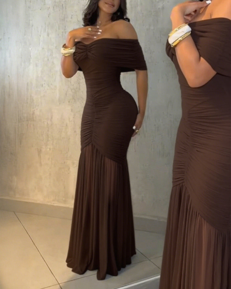 Foldover Off Shoulder Ruched Cinched Waist Minimalist Evening Dress Slim Fit Mermaid Hem Party Dress