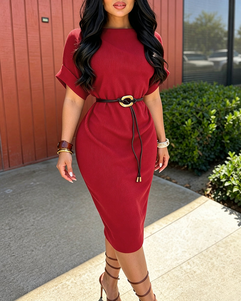 Women's Mock Neck Ribbed Knit Midi Dress Short Sleeve Turn-Up Cuffs Work Dress with Belt