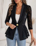 Eleganter Damen-Blazer mit Spitzen-Patchwork, Schalkragen, Schößchen, einreihiger Knopfleiste und Dreiviertelarm