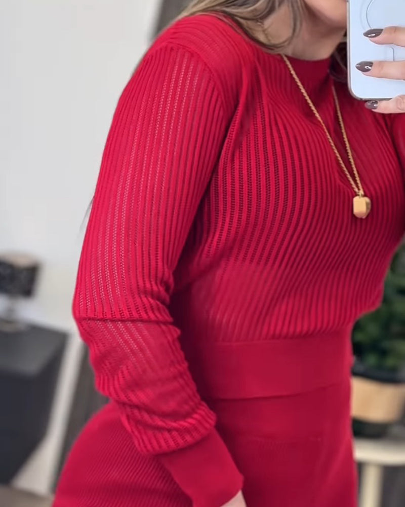 2 Pieces Outfit Round Neck Long Sleeve Semi-Sheer Crop Top and High Waist Elastic Waist Wide Leg Pants Set Casual Minimalist Ribbed Set