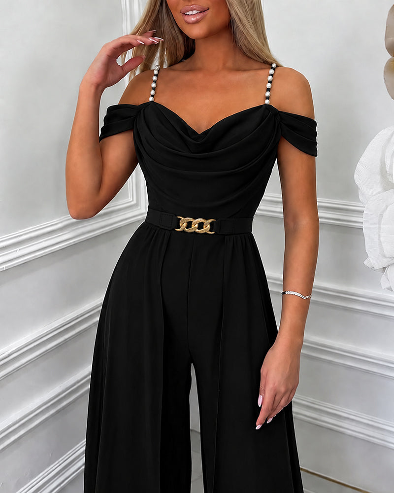 Women's Pearls Decor Adjustable Straps Cold Shoulder Overalls Cowl Neck High Waist Jumpsuit with Belt