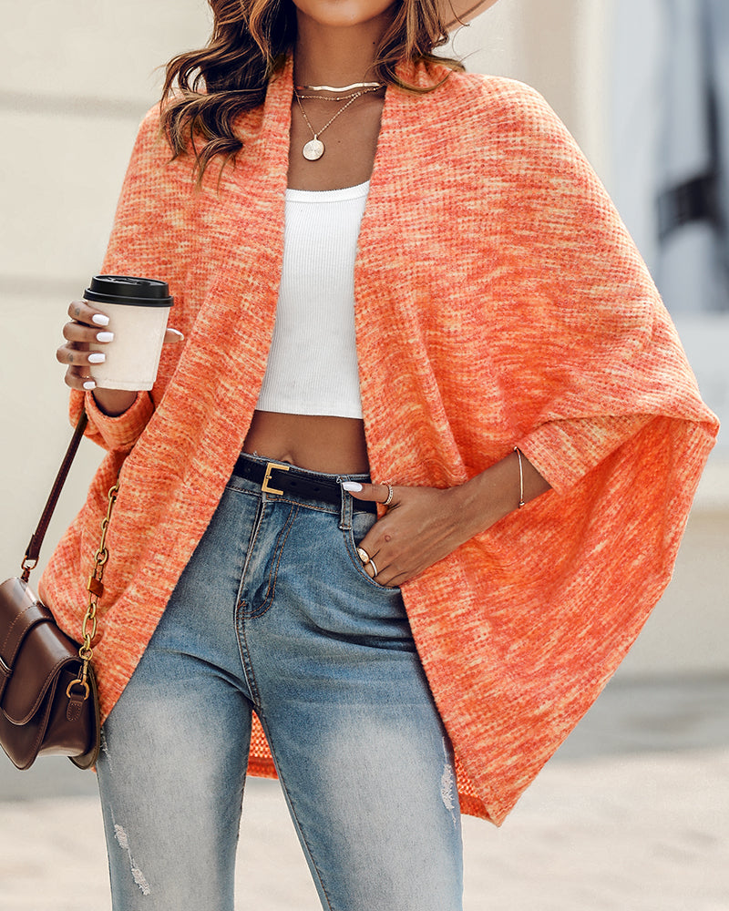 Colorful Waffle Knit Open Front Coat Batwing Long Sleeve Cardigan