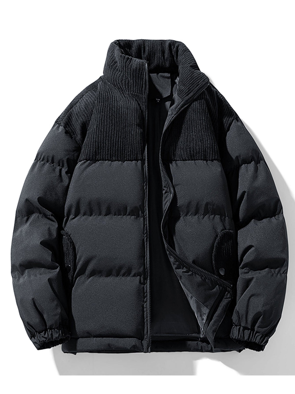 Corduroy Patchwork Zip Up Puffer Coat