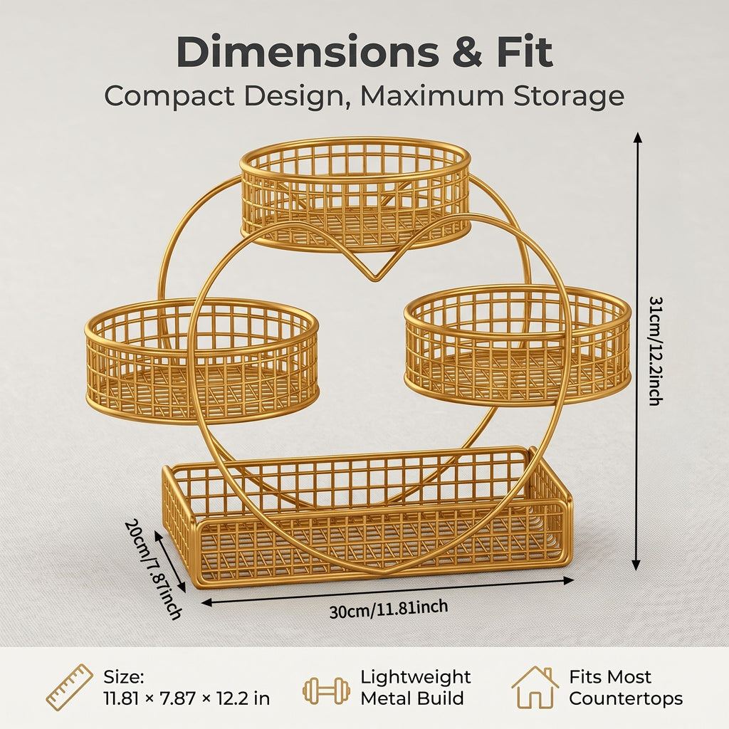 Three-Tier Gold-Tone Wire Fruit Basket with Three Round Bowls and Rectangular Countertop Base