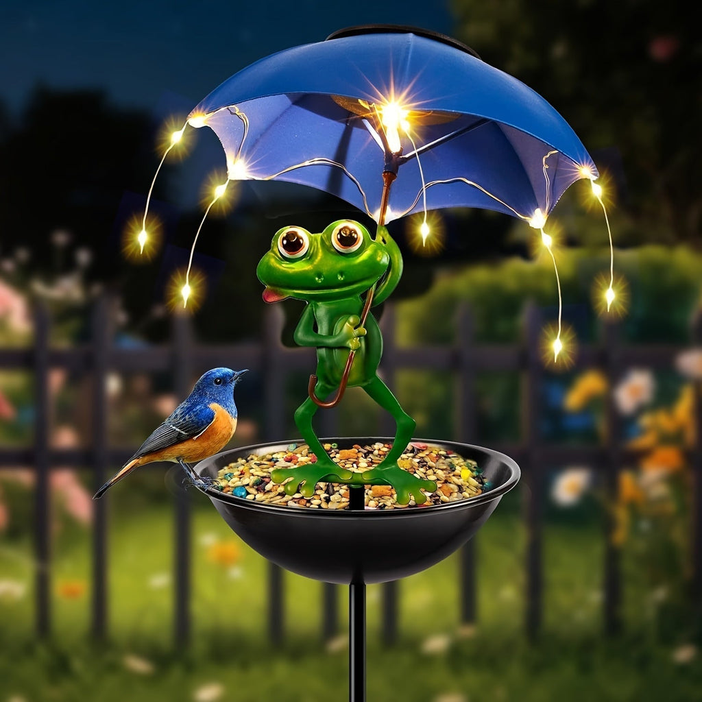 Solar Frog Statue Garden Light with Bird Feeder & LED String Decor, for Garden, Pathway and Patio Lighting