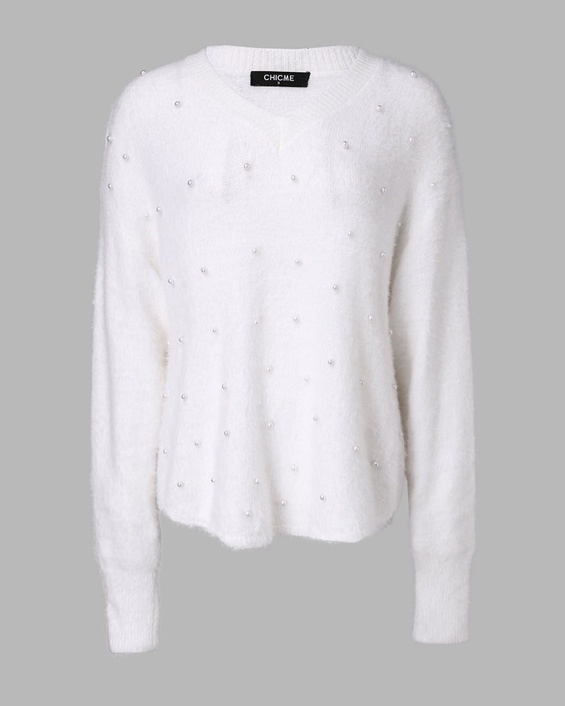 V-Neck Long Sleeve Beaded Decor Oversized Sweater Fluffy Pullover Top