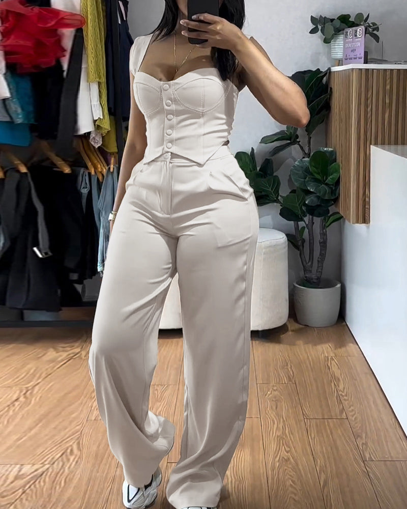 2 Pieces Outfit Thick Strap Button Front Shirred Back Slim Fit Crop Top and Casual High Waist Zipper Fly Elastic Back Waist Wide Leg Pants Set