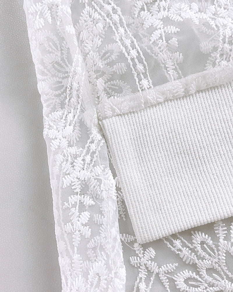 Floral Lace Embroidered Mesh Patchwork High-Low Hem Baseball Coat Casual Side Slit Zip Up Bomber Jacket