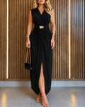 Women's V-Neck Sleeveless Ruched Front Slit Maxi Evening Dress