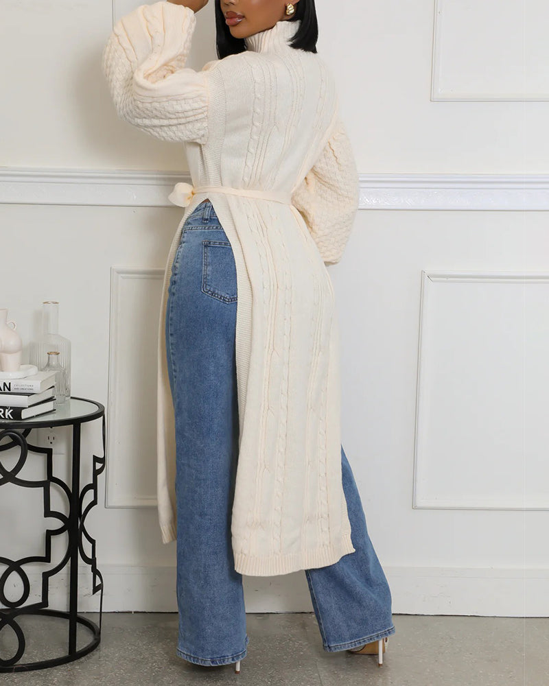 Cable Textured High Neck Lantern Sleeve Bow Tie Waist Sweater Casual High Slit Knit Longline Top