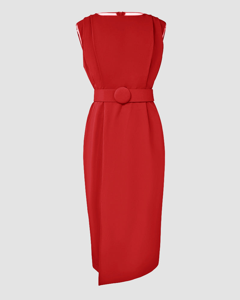 Round Neck Sleeveless Waist Ruched Slit Dress