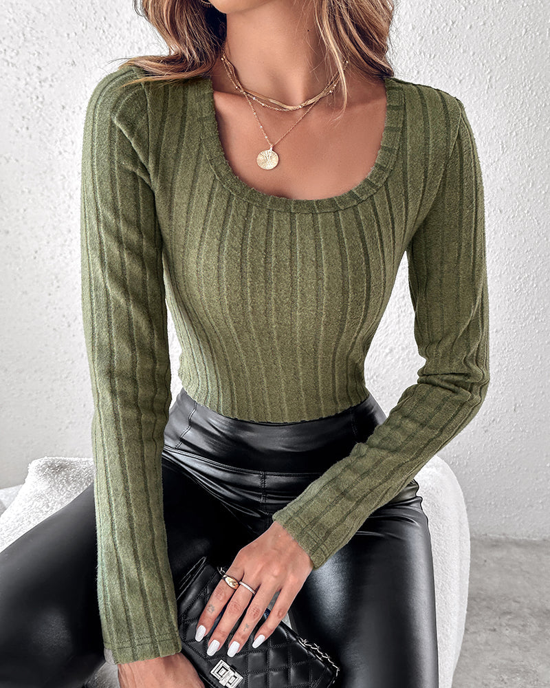 U-Neck Long Sleeve Ribbed Tops Fleece Lined Basic Layering Soft Thermal Tee (No Padding)