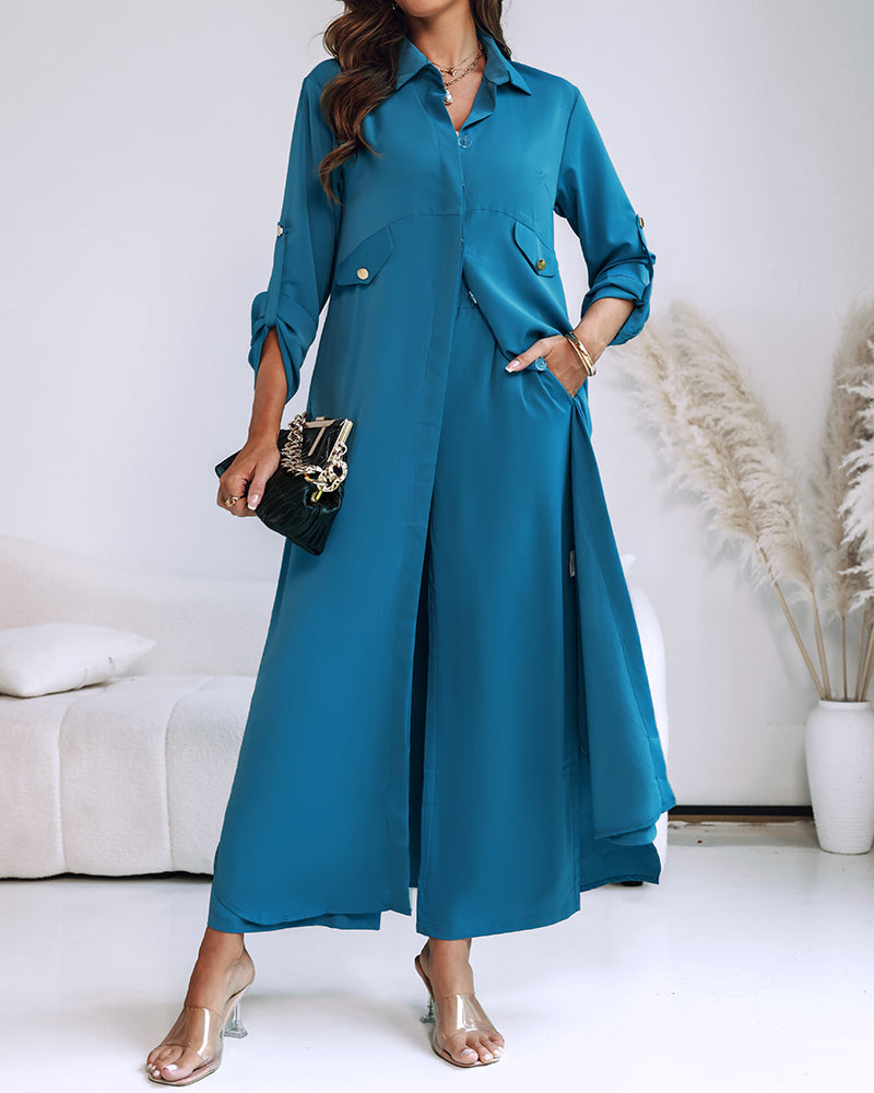 2 Pieces Outfit Turn-down Collar Turn-Up Sleeves Button Front Asymmetrical Hem Longline Blouse and Casual Elastic Waist Wide Leg Pants Set