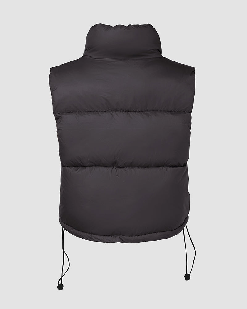 Stand Collar Zip Up Lightweight Cropped Puffer Vest Sleeveless Drawstring Hem Padded Coat