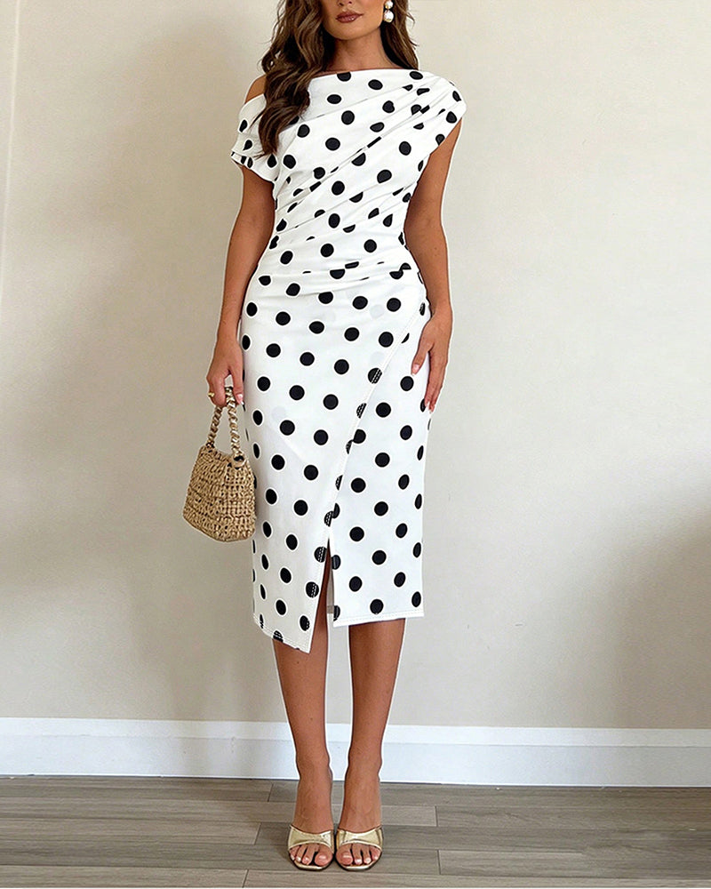 Midikleid mit Polka-Dot-Muster, schrägem Ausschnitt und Raffung, elegantes Wickelkleid mit Schlitz