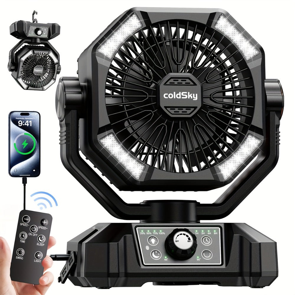 Camping Fan, 20000mAh Dual Motor High-Velocity, 8-Speed Remote Control 4 LED Lanterns and Tent Hook